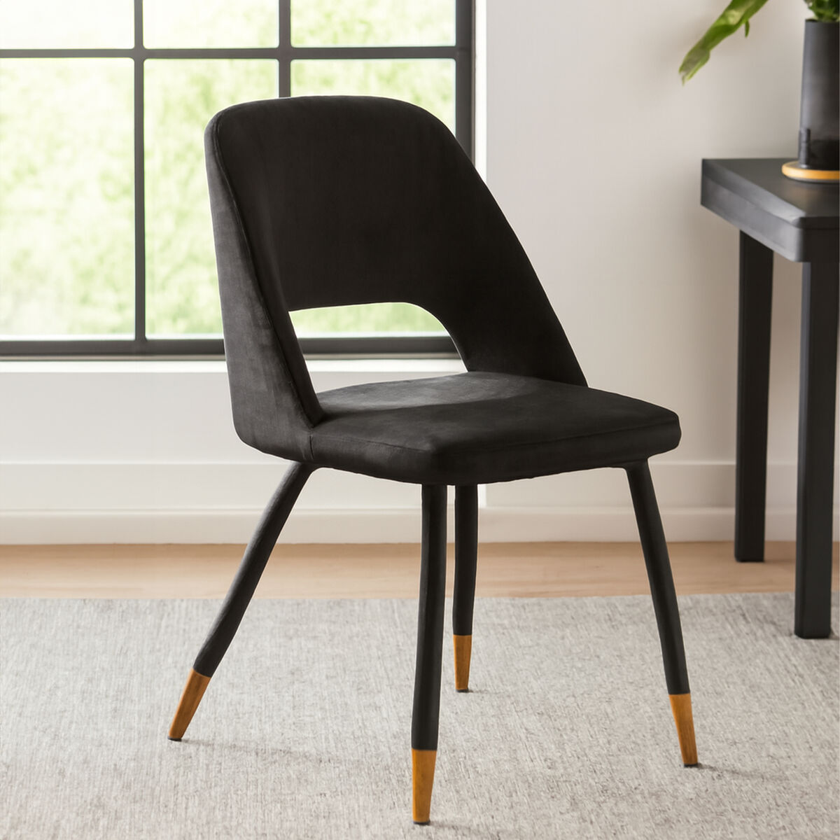 Orsina Warren Black Velvet Dining Chair – Modern Glam with Gold Tips