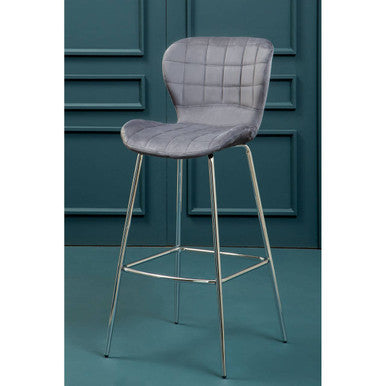 Orsina Warton Grey Velvet Bar Stool – Quilted Seat with Chrome Legs