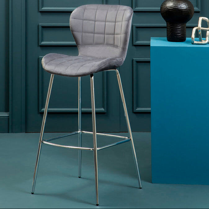 Orsina Warton Grey Velvet Bar Stool – Quilted Seat with Chrome Legs