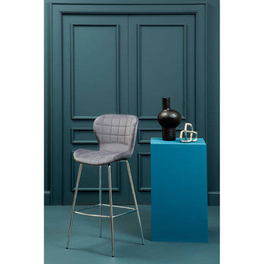 Orsina Warton Grey Velvet Bar Stool – Quilted Seat with Chrome Legs
