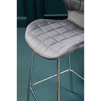 Orsina Warton Grey Velvet Bar Stool – Quilted Seat with Chrome Legs