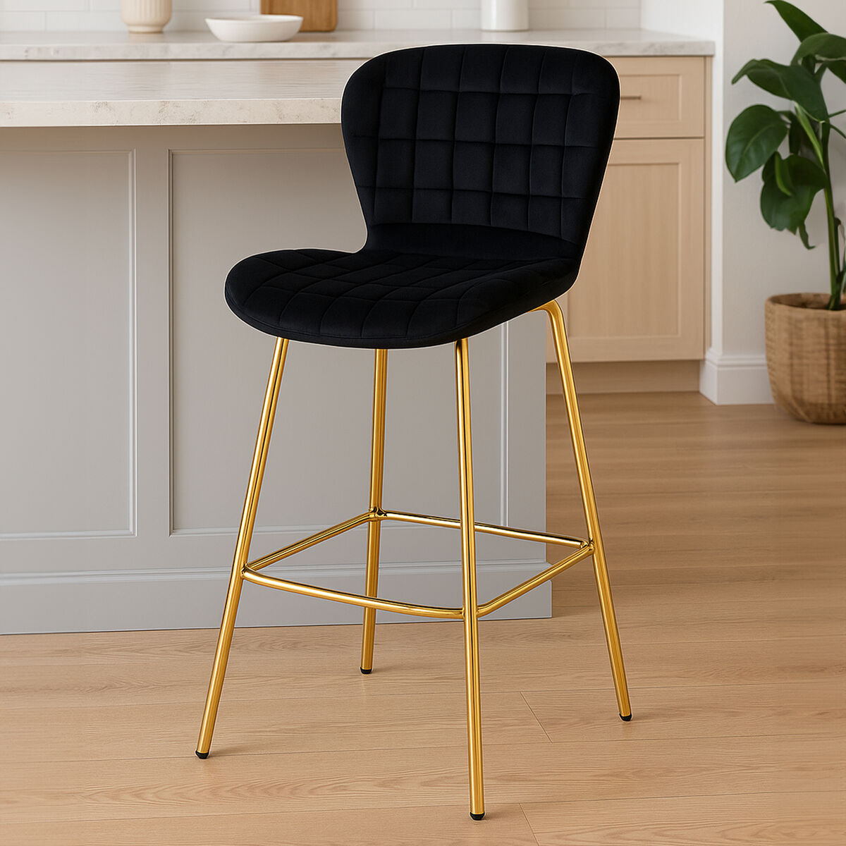 Orsina Warton Bar Chair – Black Velvet and Gold Finish Quilted Stool