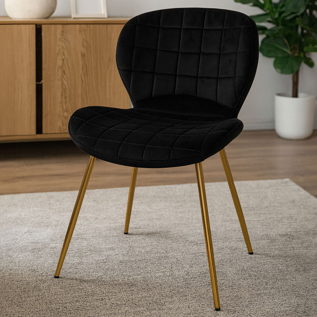 Orsina Warton Black Velvet Dining Chair with Quilted Gold Legs