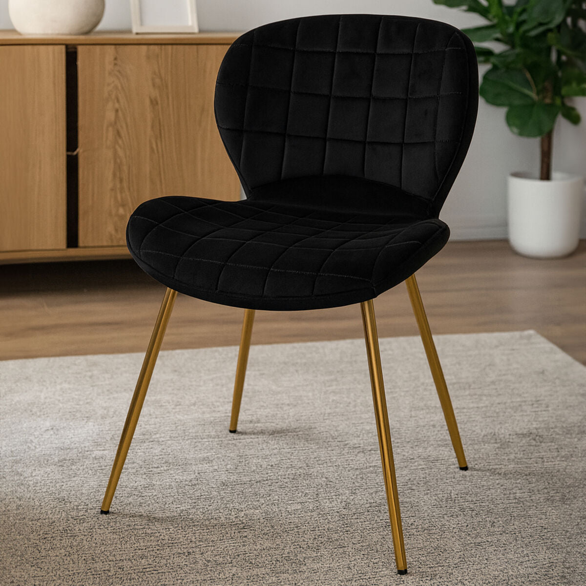 Orsina Warton Black Velvet Dining Chair with Quilted Gold Legs