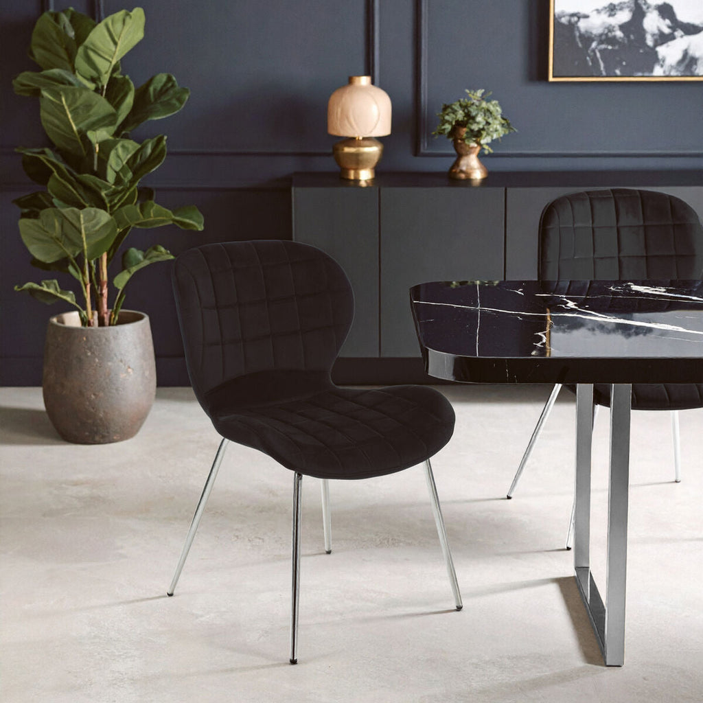 Orsina Warton Dining Chair – Black Velvet with Quilted Silver Legs