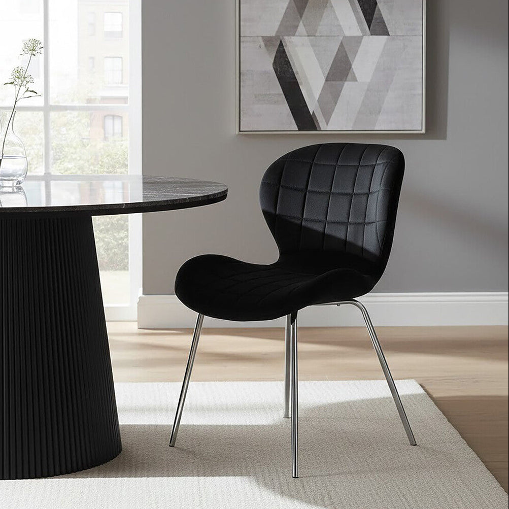 Orsina Warton Dining Chair – Black Velvet with Quilted Silver Legs