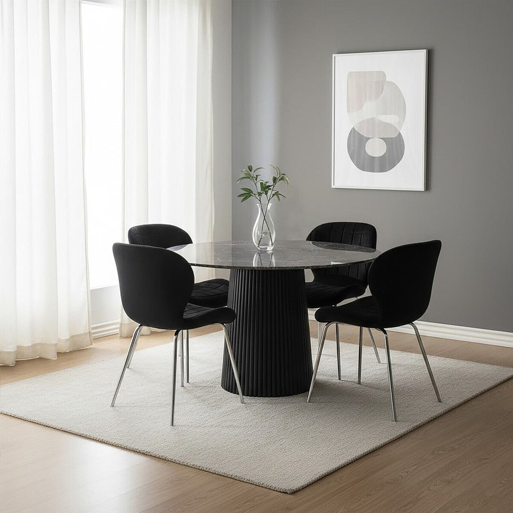 Orsina Warton Dining Chair – Black Velvet with Quilted Silver Legs