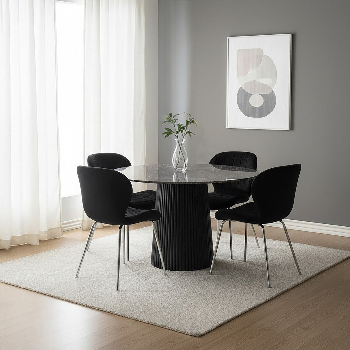 Orsina Warton Dining Chair – Black Velvet with Quilted Silver Legs