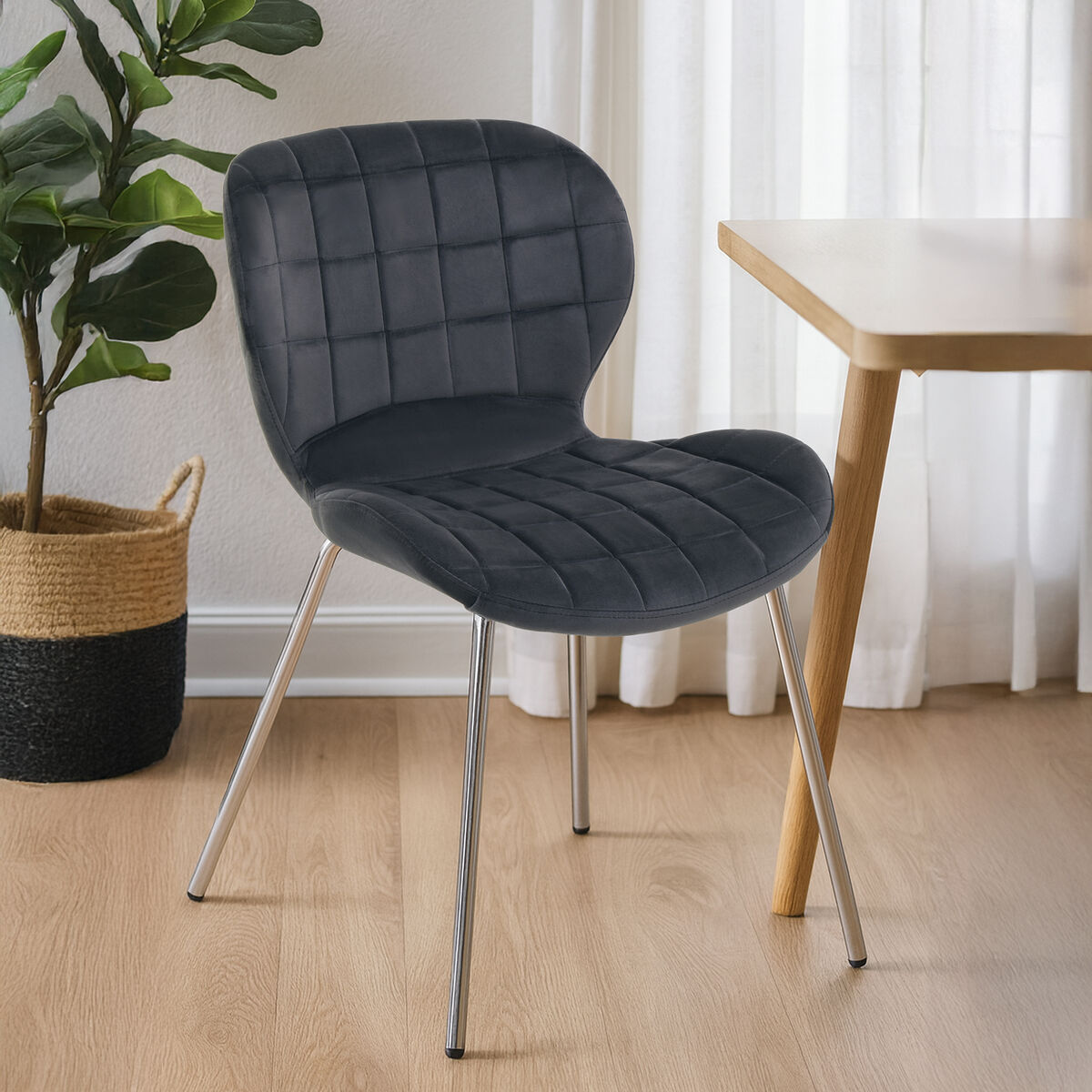 Orsina Warton Grey Velvet Dining Chair – Quilted Seat with Silver Legs