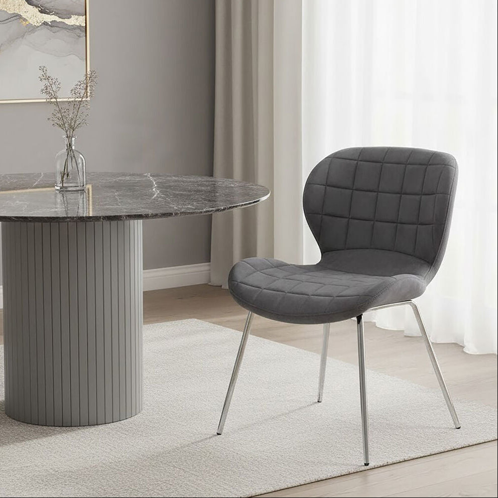Orsina Warton Grey Velvet Dining Chair – Quilted Seat with Silver Legs
