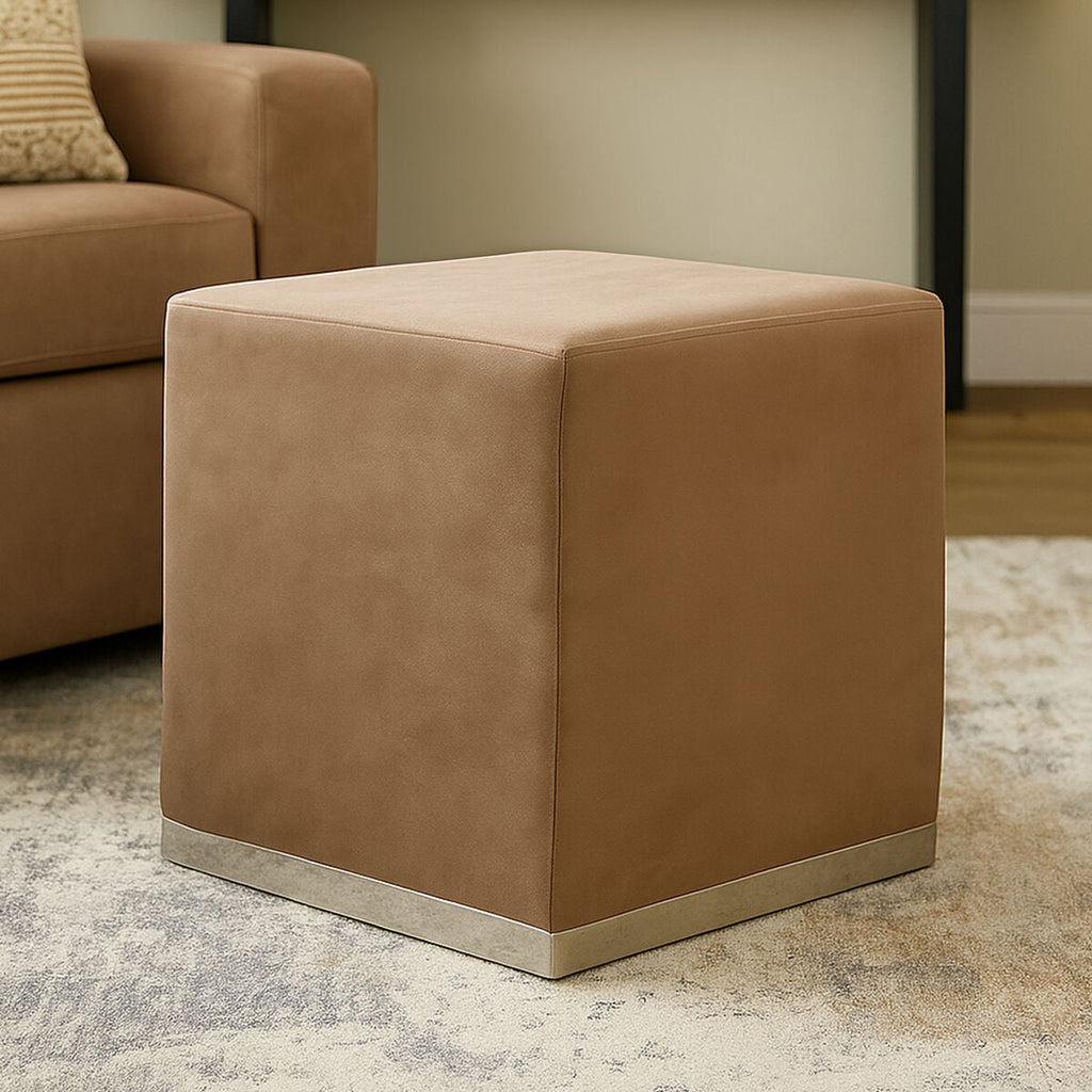 Orsina Hagen Mink Velvet Square Stool | Silver Stainless Steel Base