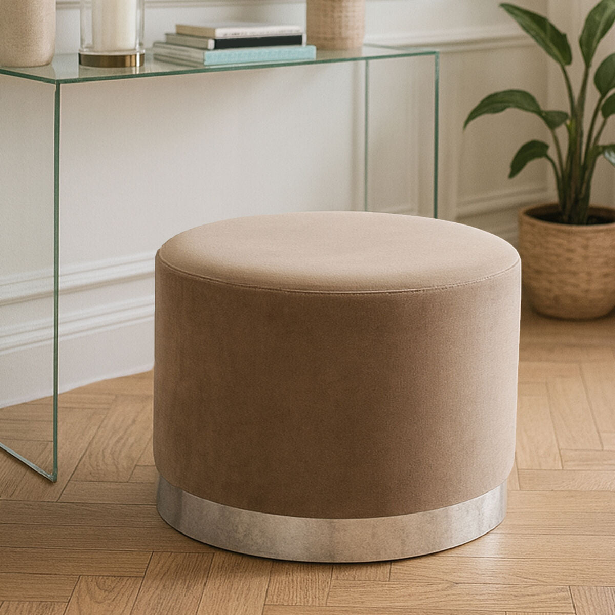 Orsina Hagen Round Velvet Stool – Mink and Silver Luxury Ottoman