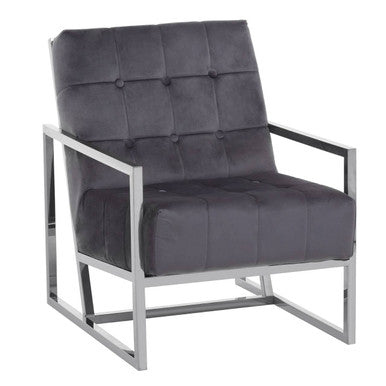 Orsina Hana Grey Velvet Armchair | Tufted Seat & Stainless Steel Frame
