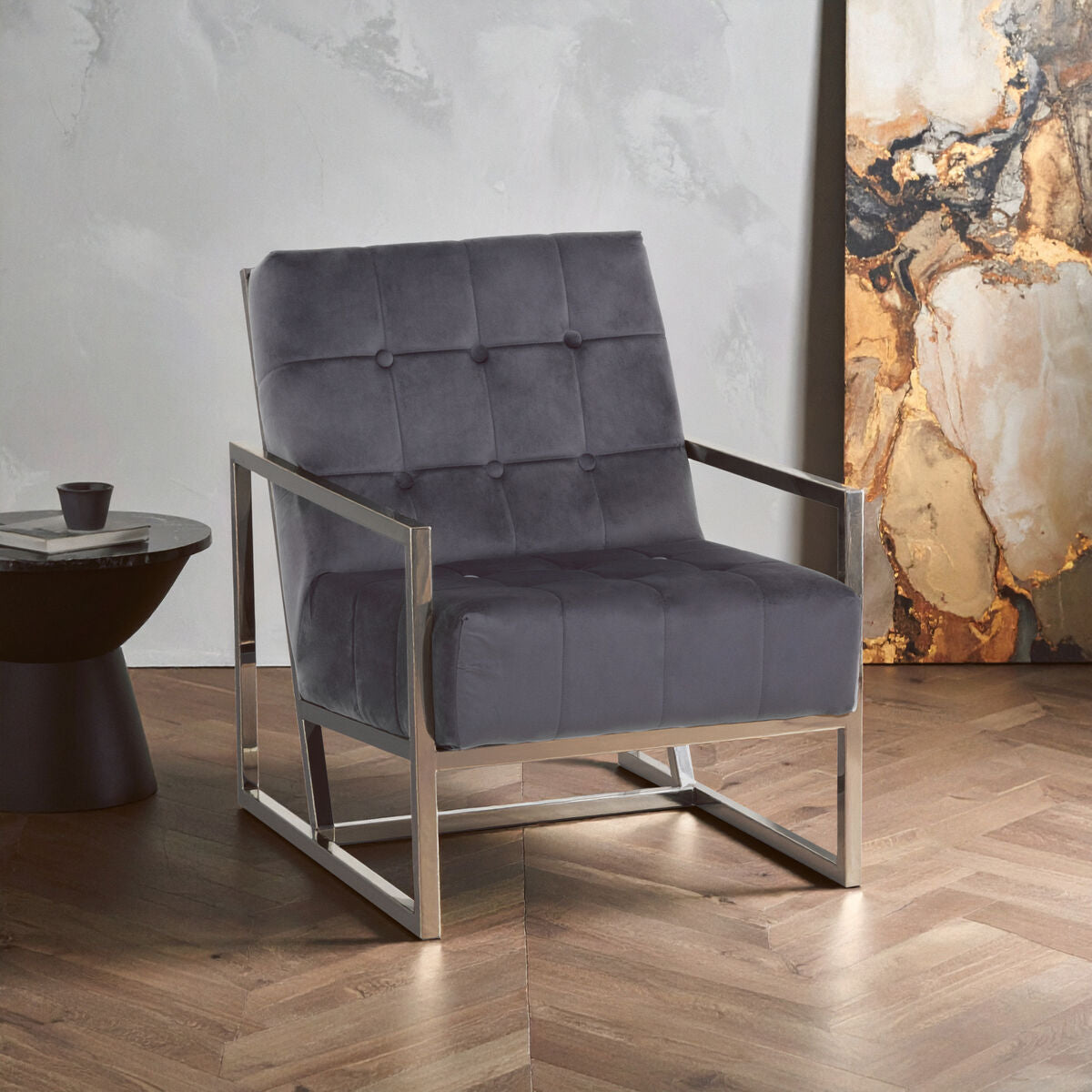 Orsina Hana Grey Velvet Armchair | Tufted Seat & Stainless Steel Frame