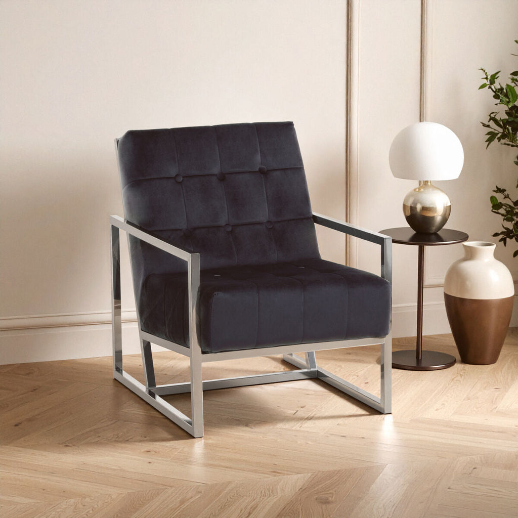 Orsina Hana Black Velvet Accent Chair | Tufted Stainless Steel Frame