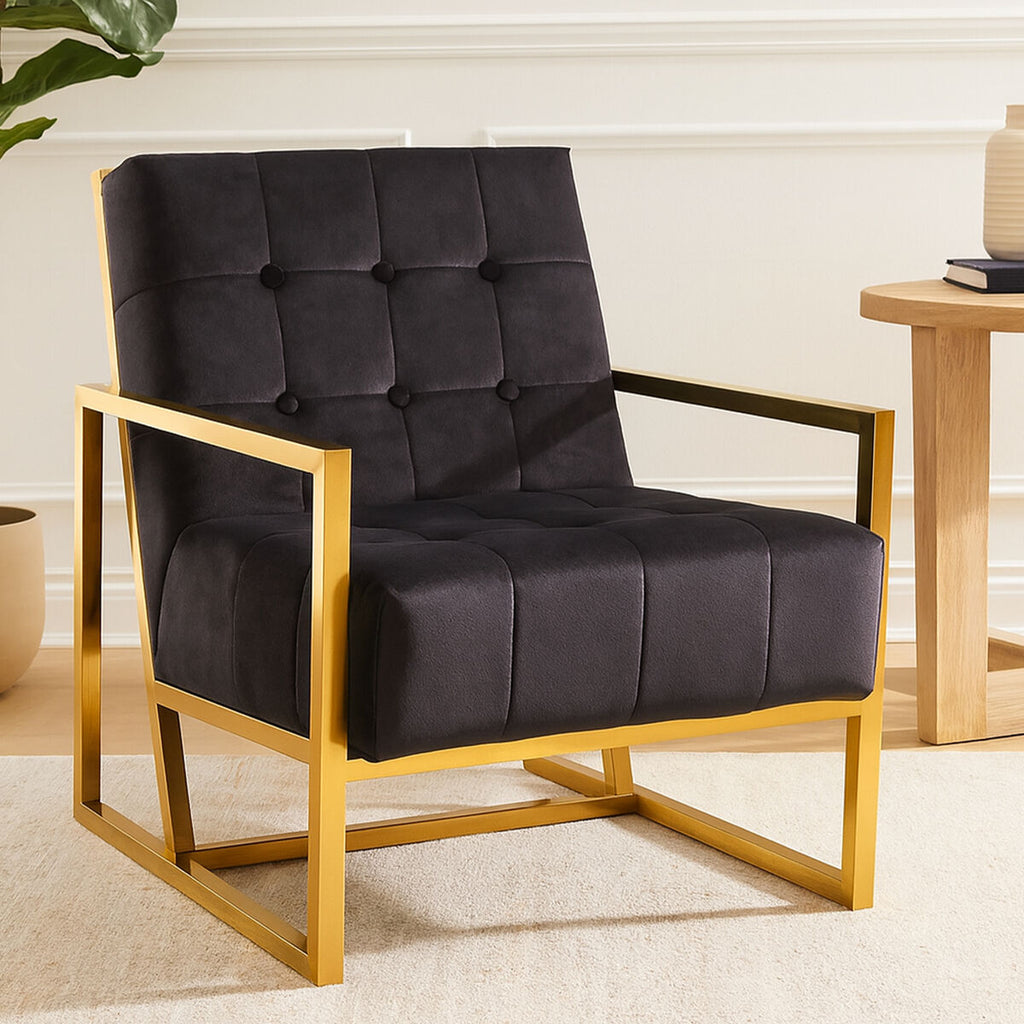 Orsina Hana Black Velvet Accent Chair | Tufted Seat with Gold Frame