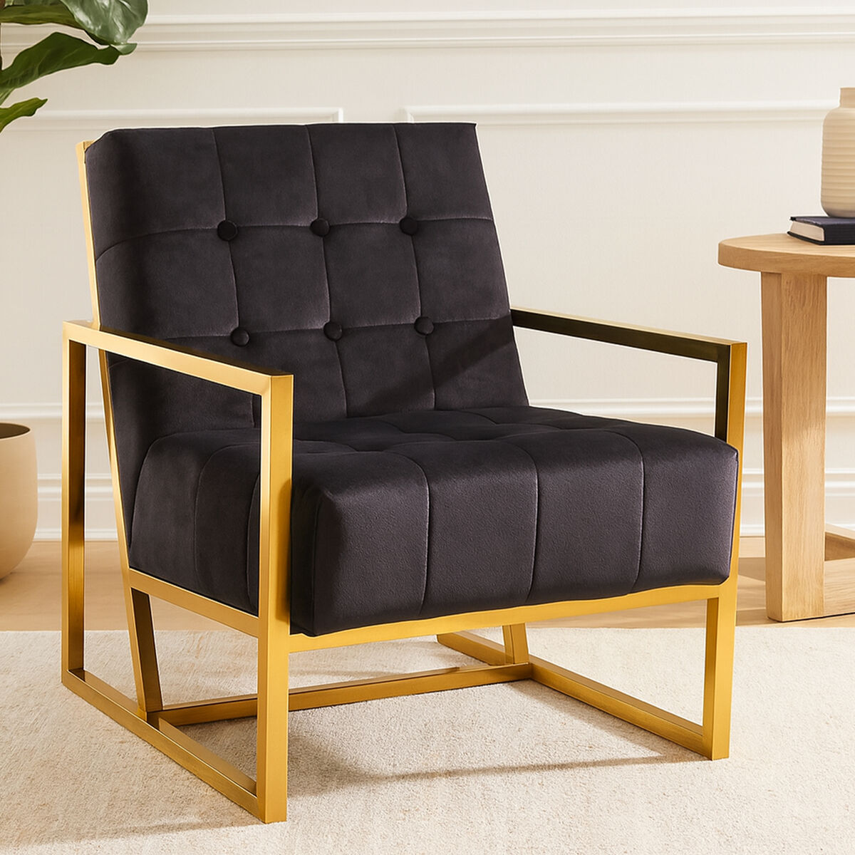 Orsina Hana Black Velvet Accent Chair | Tufted Seat with Gold Frame