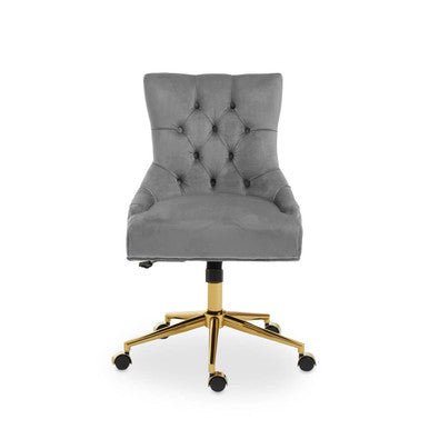 Orsina Anita Velvet Home Office Chair | Grey Swivel Desk Chair with Gold Base
