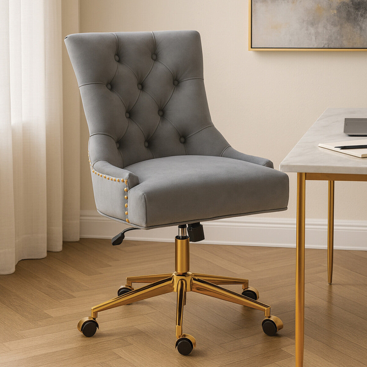Orsina Anita Velvet Home Office Chair | Grey Swivel Desk Chair with Gold Base
