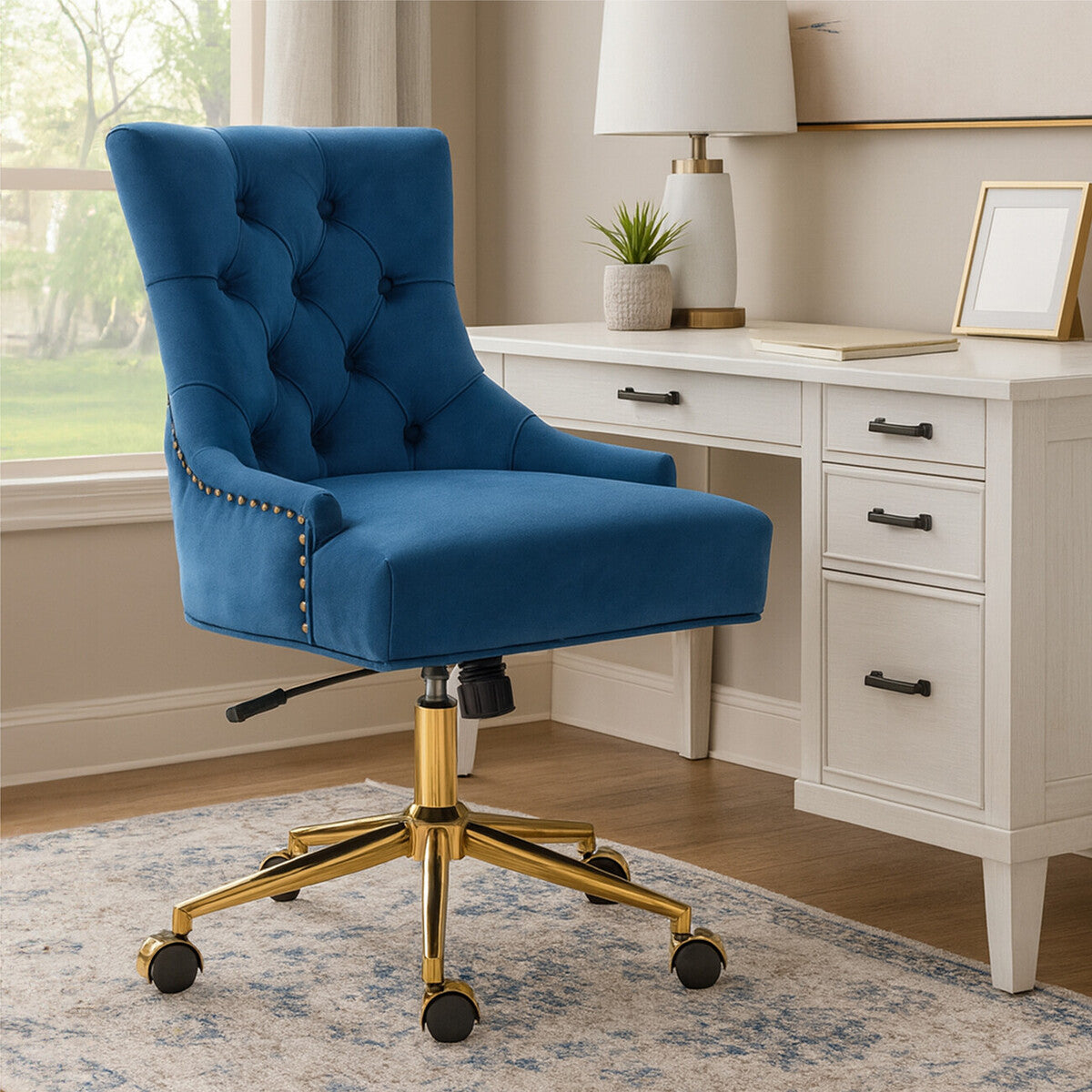 Orsina Anita Blue Velvet Home Office Chair | Swivel Gold Base