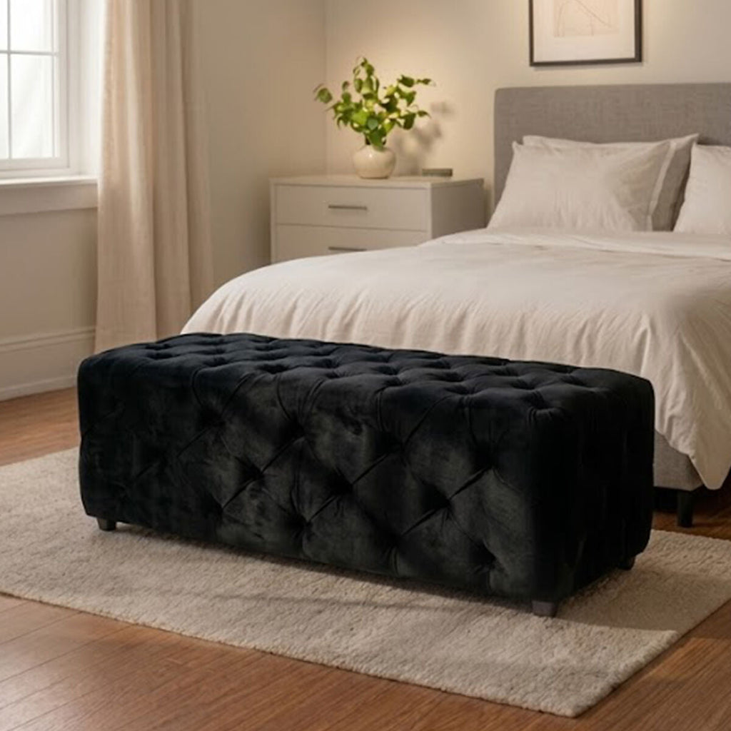 Orsina Alea Black Velvet Bench – Tufted Entryway and Bedroom Seating