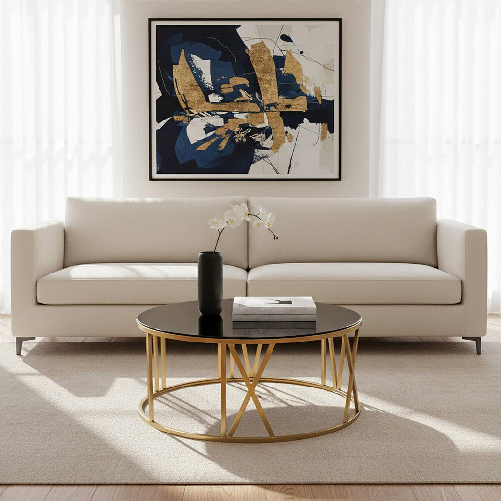 Orsina Alana Round Coffee Table – Brushed Gold & Black Tempered Glass