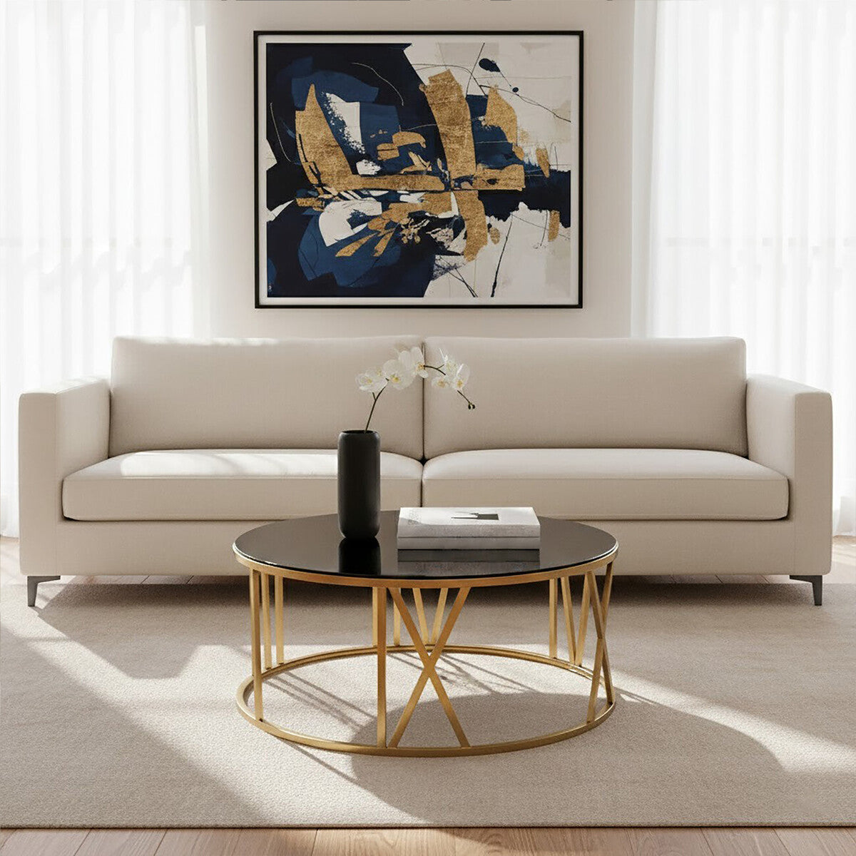 Orsina Alana Round Coffee Table – Brushed Gold & Black Tempered Glass