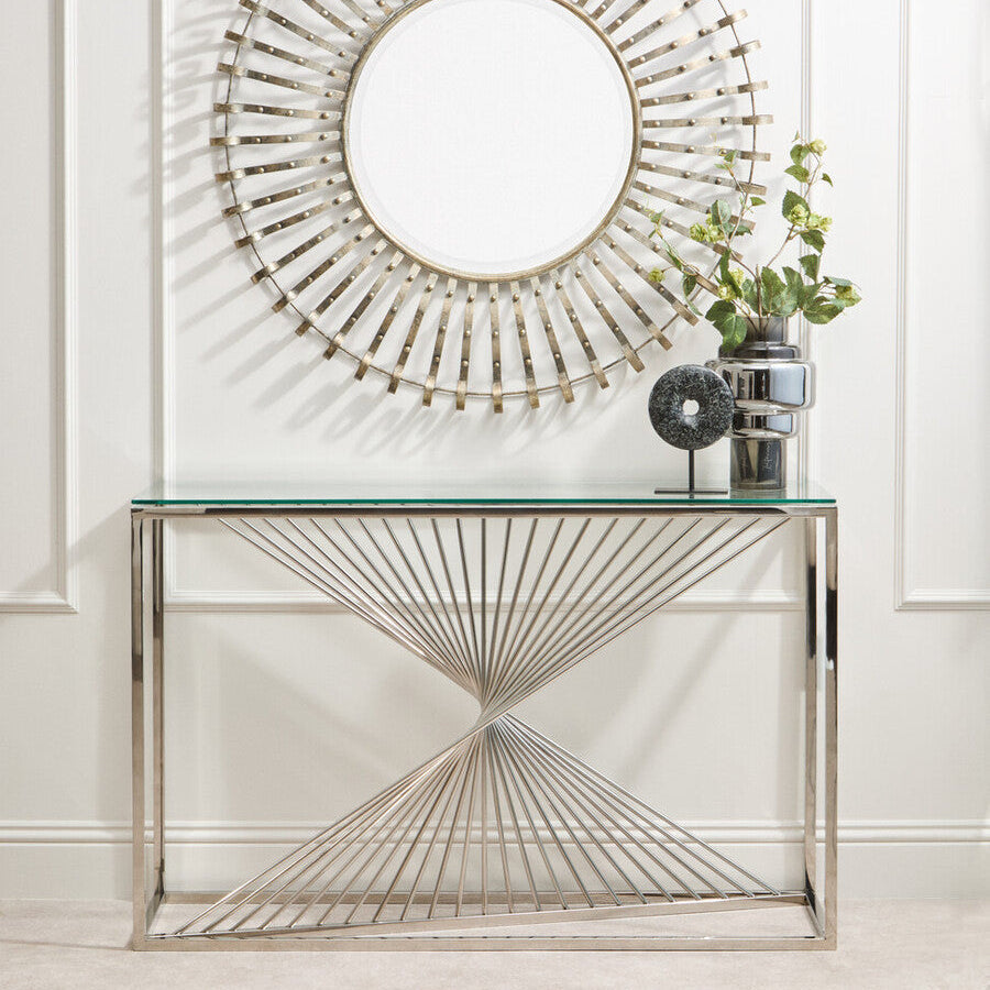 Orsina Amella Glass Console Table – Silver Stainless Steel Base