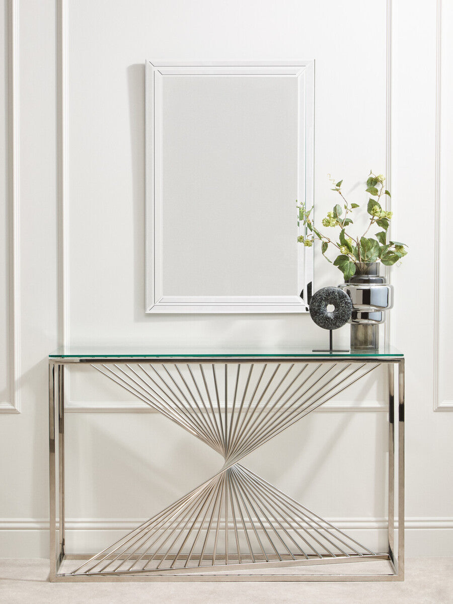 Orsina Amella Glass Console Table – Silver Stainless Steel Base