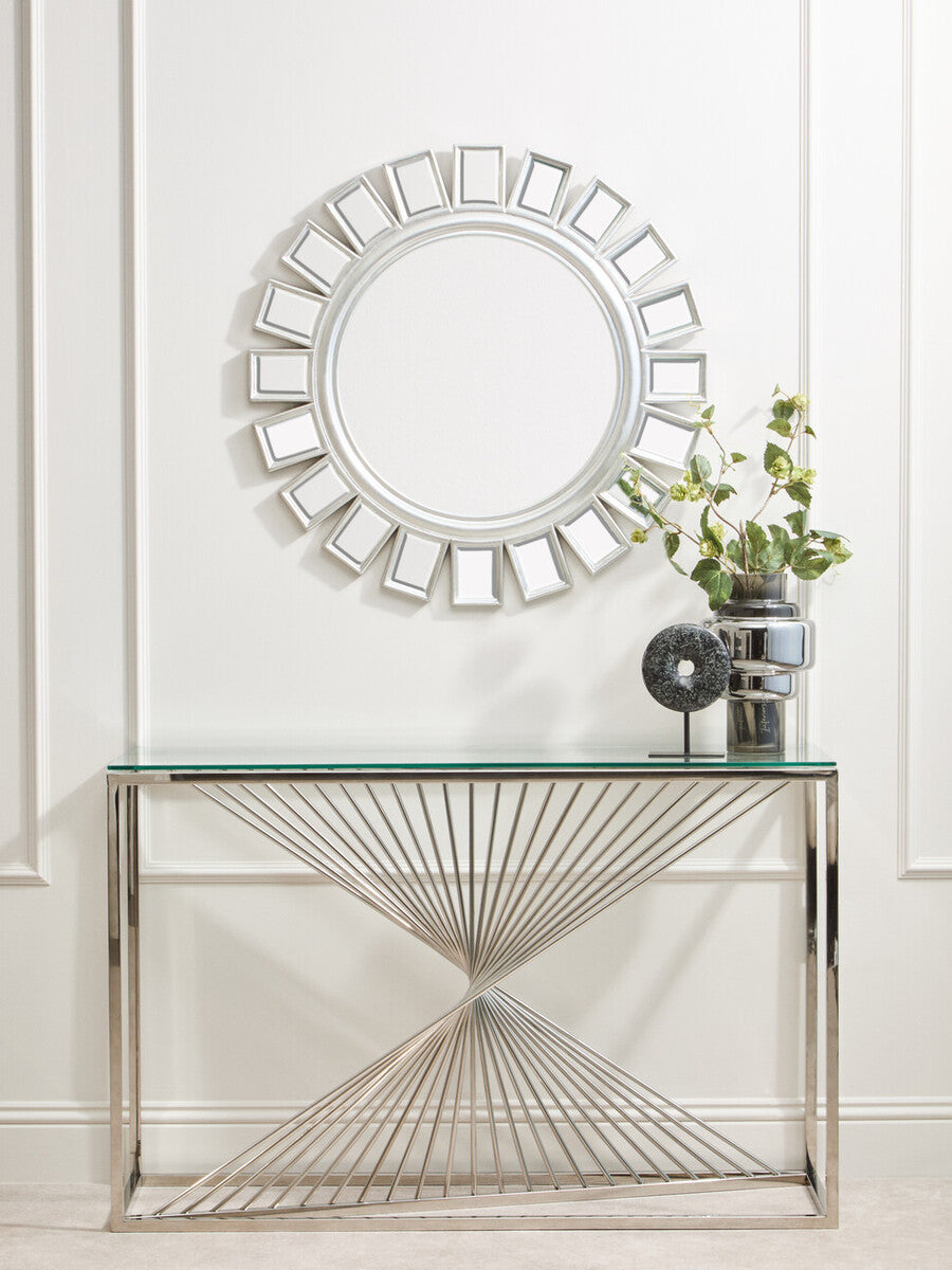 Orsina Amella Glass Console Table – Silver Stainless Steel Base