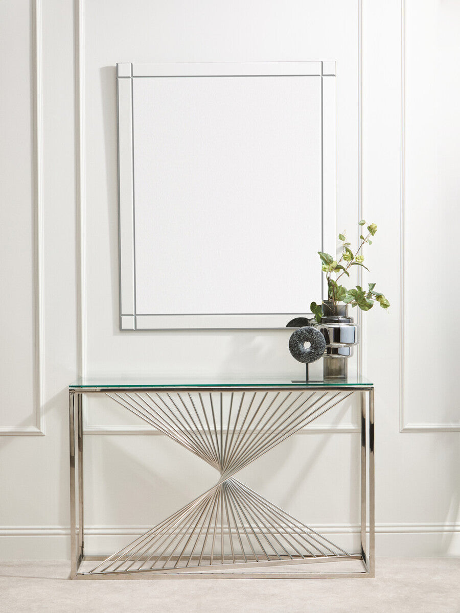Orsina Amella Glass Console Table – Silver Stainless Steel Base