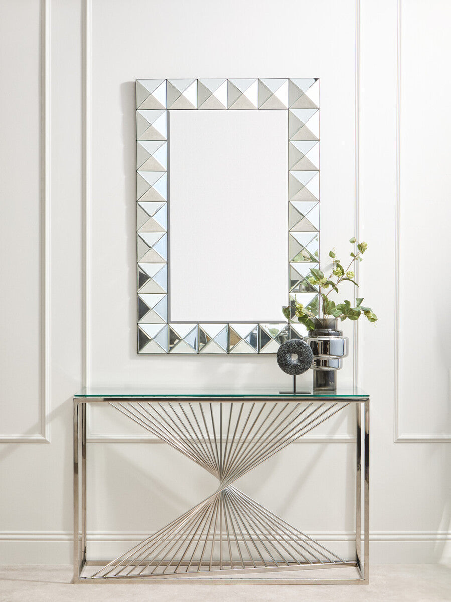 Orsina Amella Glass Console Table – Silver Stainless Steel Base