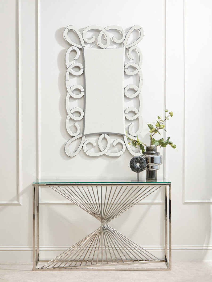 Orsina Amella Glass Console Table – Silver Stainless Steel Base