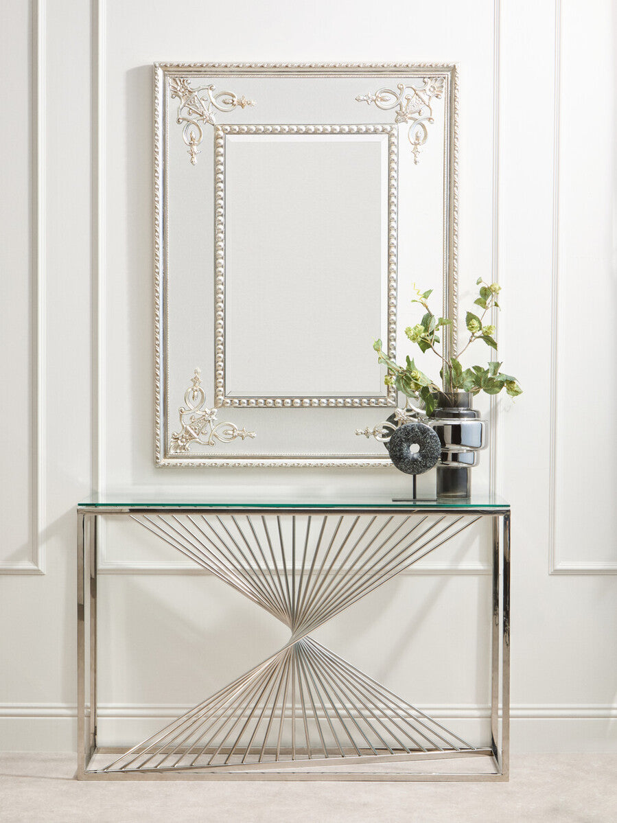 Orsina Amella Glass Console Table – Silver Stainless Steel Base