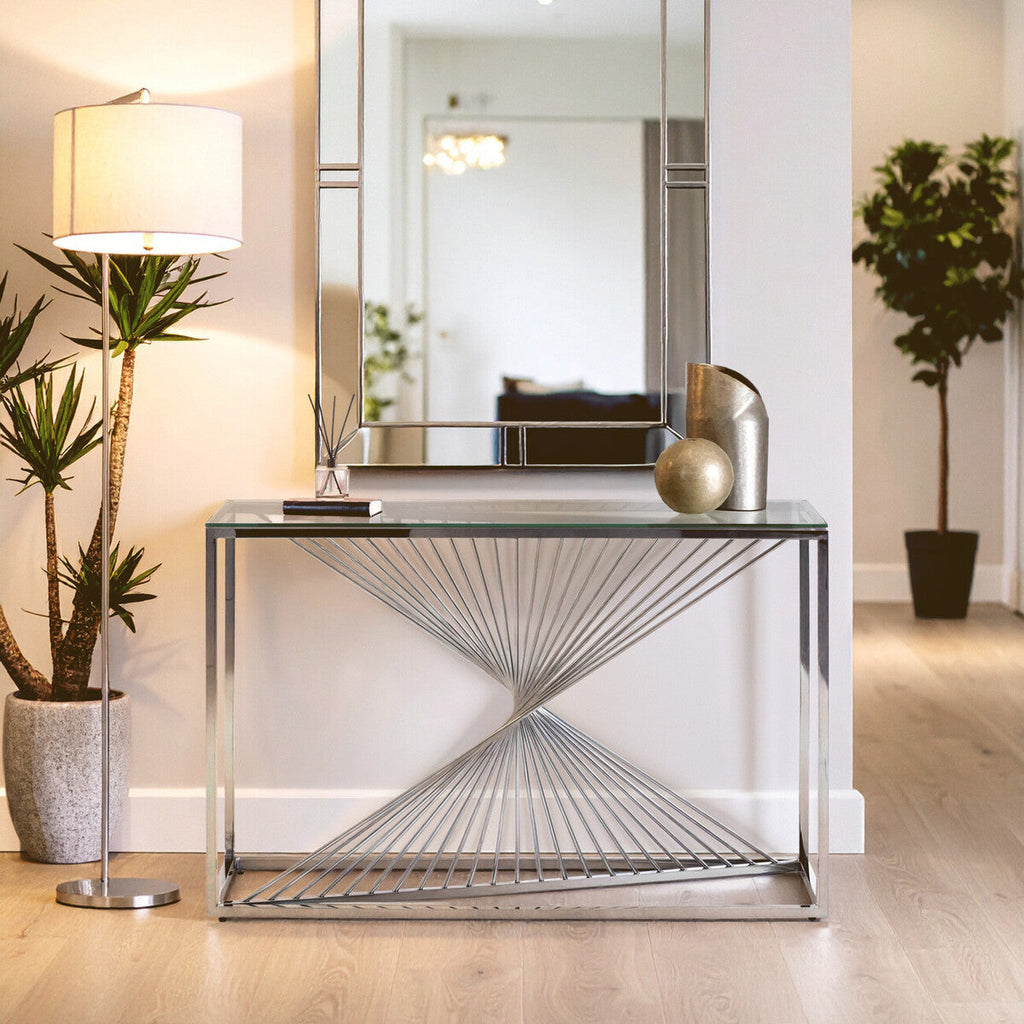Orsina Amella Glass Console Table – Silver Stainless Steel Base