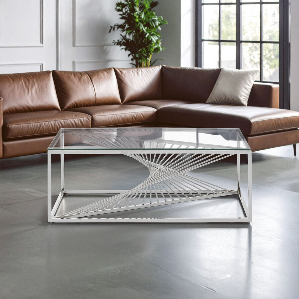 Orsina Amella Glass Coffee Table – Silver Finish Sculptural Steel Frame