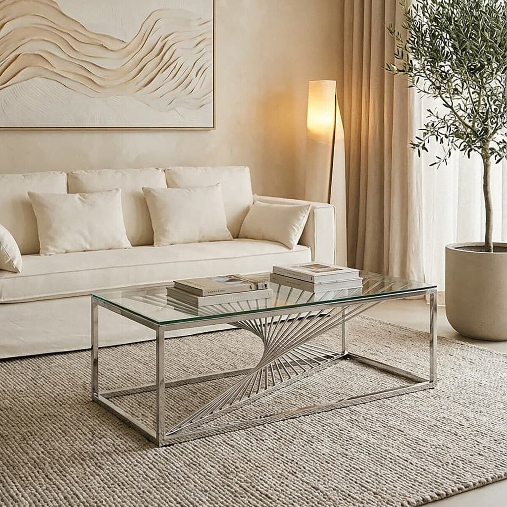 Orsina Amella Glass Coffee Table – Silver Finish Sculptural Steel Frame