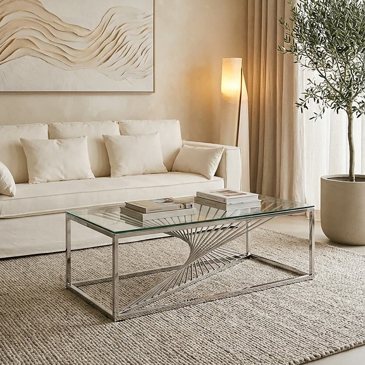 Orsina Amella Glass Coffee Table – Silver Finish Sculptural Steel Frame