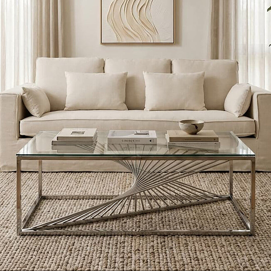 Orsina Amella Glass Coffee Table – Silver Finish Sculptural Steel Frame