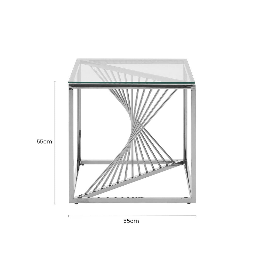 Orsina Amella Silver End Table – Glass Top Spiral Staircase Design