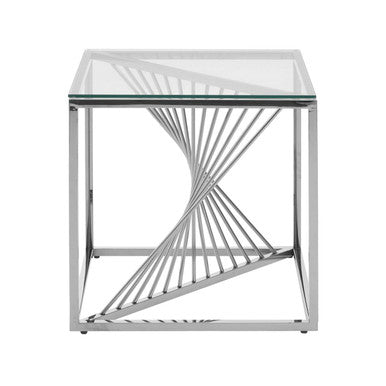 Orsina Amella Silver End Table – Glass Top Spiral Staircase Design