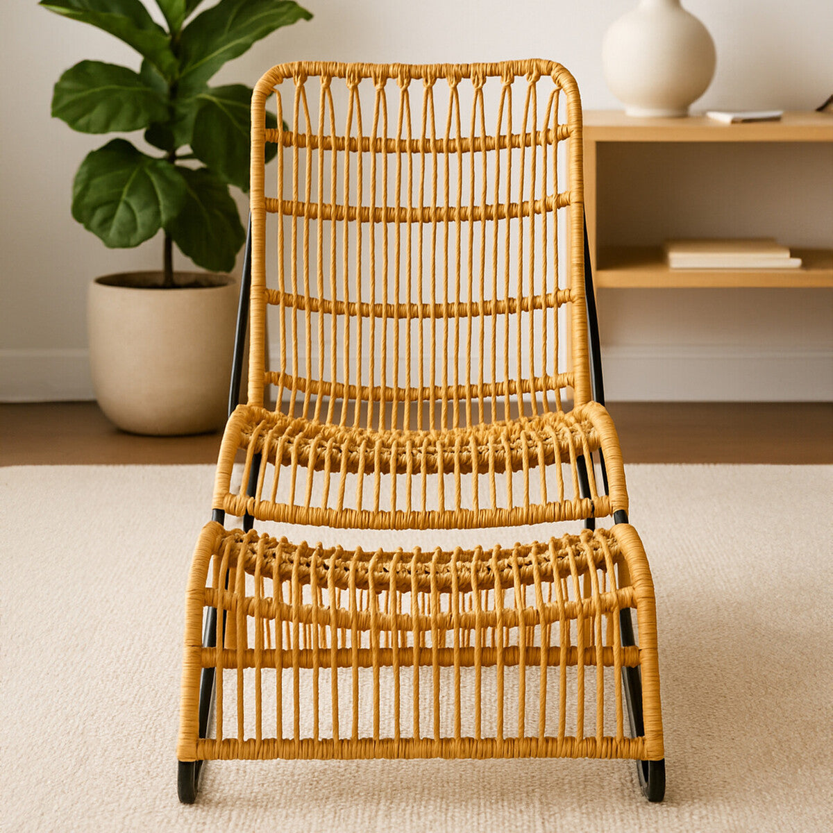 Orsina Manado Rattan Chair and Footstool Set | Black Iron Frame