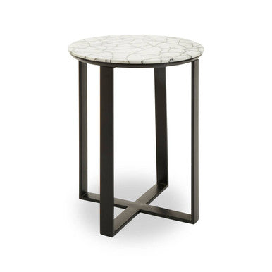 Orsina Marmara Marble Top Side Table | Round Black Iron Accent Table