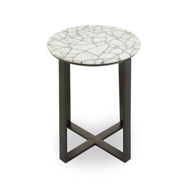 Orsina Marmara Marble Top Side Table | Round Black Iron Accent Table