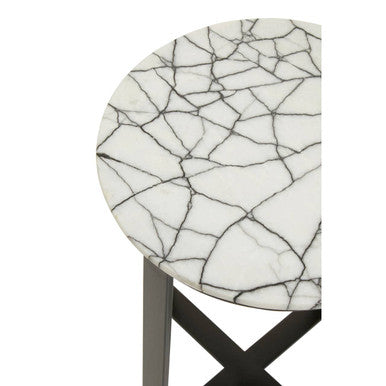 Orsina Marmara Marble Top Side Table | Round Black Iron Accent Table
