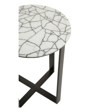 Orsina Marmara Marble Top Side Table | Round Black Iron Accent Table