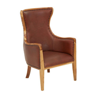 Orsina Kendari Wingback Chair – Brown Cow Leather and Teak Wood