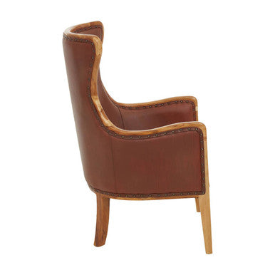 Orsina Kendari Wingback Chair – Brown Cow Leather and Teak Wood
