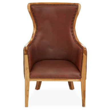 Orsina Kendari Wingback Chair – Brown Cow Leather and Teak Wood