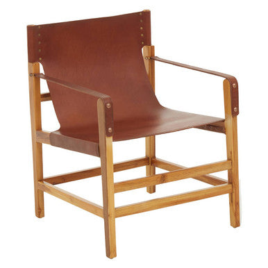 Orsina Kendari Light Brown Leather and Teak Wood Sling Accent Chair